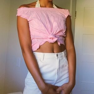 Off the shoulder pink ruffle top